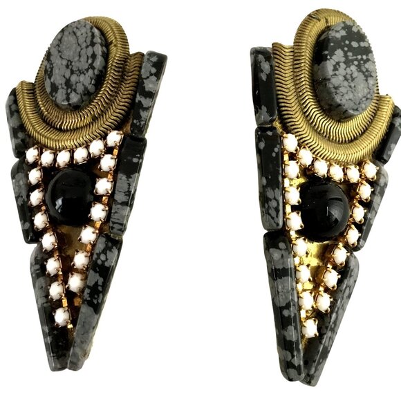 VTG HANSEN Signed 1988 Obsidian Stone Beaded Cuff Bracelet Clip-On Earrings Set - Picture 3 of 16